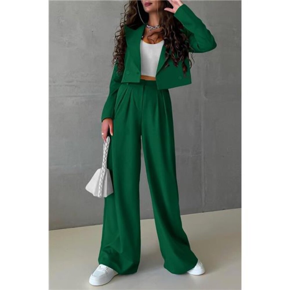 Women's 2 Piece Casual Outfits Cropped Blazer Jackets High Waisted - Picture 2 of 7